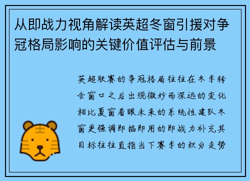 从即战力视角解读英超冬窗引援对争冠格局影响的关键价值评估与前景 从即战力视角解读英超冬窗引援对争冠格局影响的关键价值评估与前景